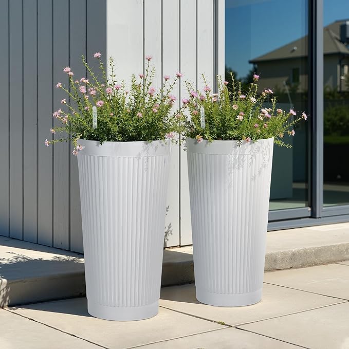 Set of 2 Tall Self-Watering Planters, 24" Large Planters with Water Level Indicator for Indoor & Outdoor Plants, Modern Planters for Garden, Patio, Balcony, Porch, White