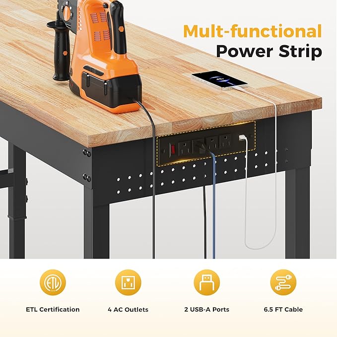96" Adjustable Heavy Duty Workbench, 2000 LBS Load Capacity Rubber Wood Work Table with Pegboard, Power Outlets, Work Bench for Garage, Workshop, Office, Home, Commercial, Ships in 2 Boxes