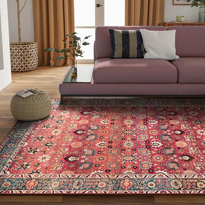 vivorug 9x12 Area Rugs for Living Room, Non Slip Machine Washable Vintage Red Floral Rug, Ultra-Thin Lightweight Large Area Rug for Bedroom, Dining Room, Low Pile