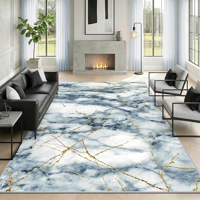 Merelax 6x9 Area Rugs for Living Room - Washable Non-Slip Abstract Blue Rug, Indoor Floor Carpet Low Pile Soft Rug for Bedroom Dining Room, Mudroom, Modern Aesthetic Decor, Blue/Gold