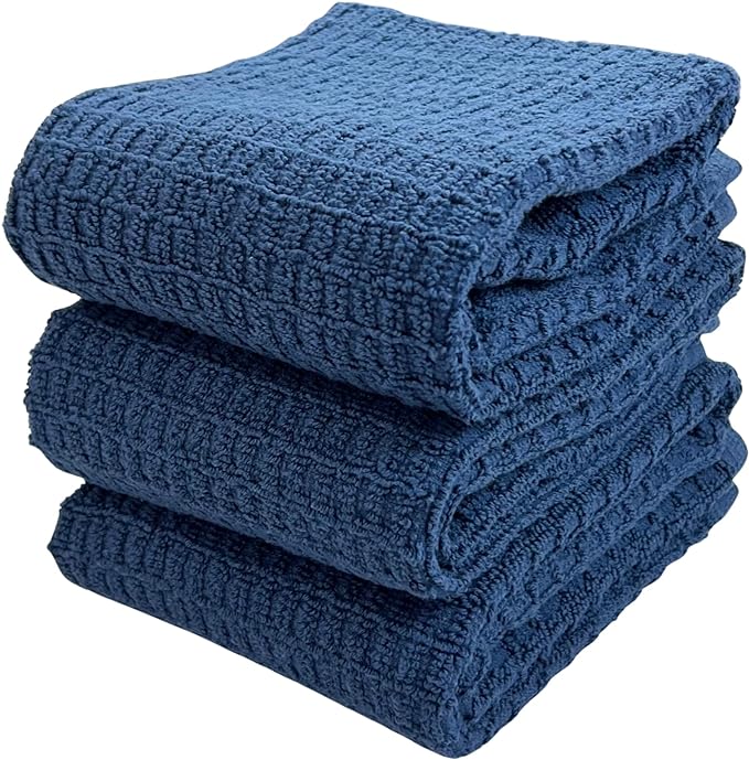Serafina Home Waffle Blue Kitchen Dish Towels 100% Cotton Cloth Soft Cleaning Drying Absorbent Terry Box Loop: Set of 3 Multipurpose for Everyday Use, 18" x 28" (Blue Box)