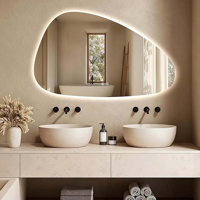 Niccy Irregular LED Bathroom Mirror, 24"x40" Asymmetrical Backlit Vanity Wall Mirrors, Frameless Lighted Mirrors for Bedroom, Living Room, Modern Smart-Mirror with Anti-Fog, Dimmable, Memory Function