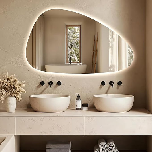 Niccy Irregular LED Bathroom Mirror, 24"x40" Asymmetrical Backlit Vanity Wall Mirrors, Frameless Lighted Mirrors for Bedroom, Living Room, Modern Smart-Mirror with Anti-Fog, Dimmable, Memory Function