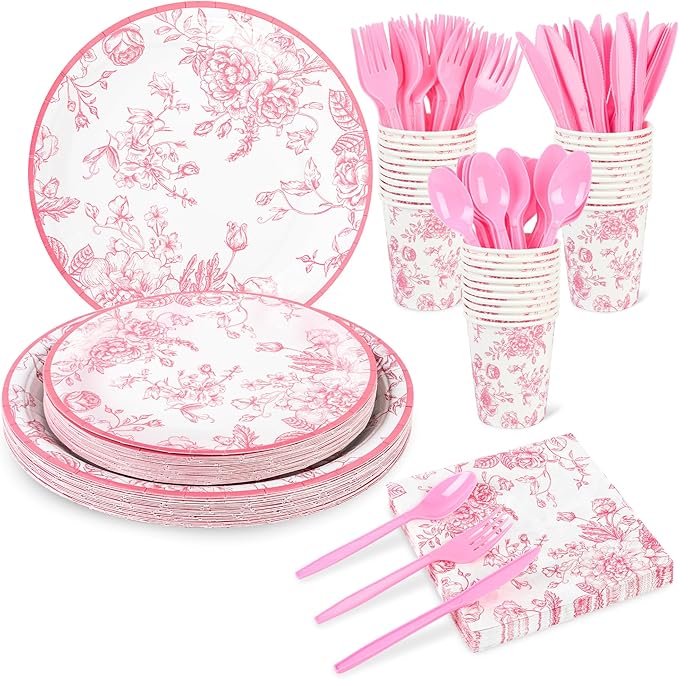 175Pcs Pink Floral Paper Plates and Napkins 25 Guests Pink White Toile Chinoiserie Party Supplies Set Include Plates Napkins Cups Spoons Forks Knives for Christmas Birthday Wedding Mother's Day