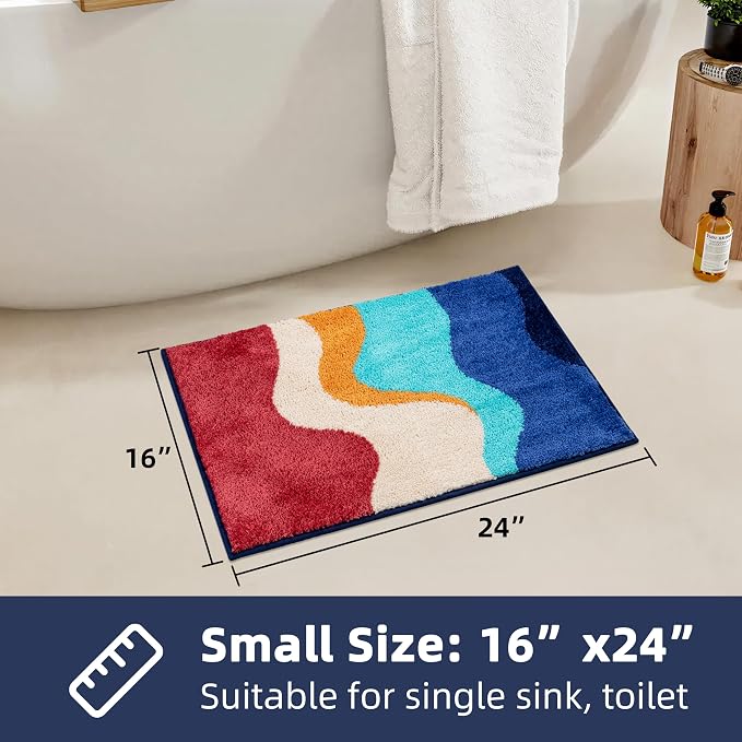 Funky Tufted Bathroom Rugs Non Slip Absorbent Fluffy Microfiber Cute Bath Mat for Bathroom with Colorful Wave Pattern, Small Floor Rug for Toilet, Tub, Machine Washable, 16"x24", Multicolor