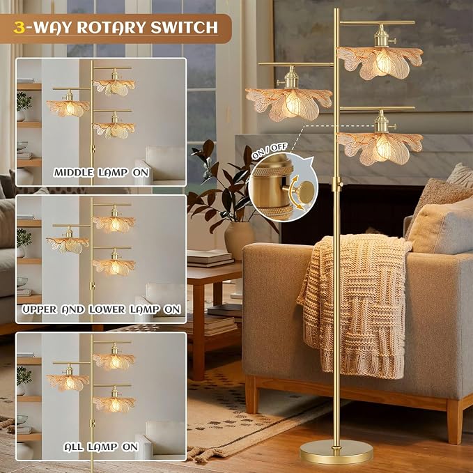 Vintage Floor lamp Dimmable Standing Lamps for Living Room, Modern Tall Floor lamp Gold Floor Lamps 65" Farmhouse Floor Lamps Amber Glass Tall lamp for Corner Bedroom Study Office Home