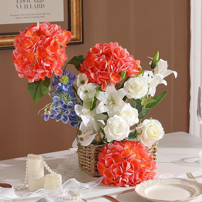 3Pcs Hydrangea Artificial Flowers, 22.44" Real Touch Latex Faux Hydrangea with Long Stems & Leaves for Home Office Decor or Wedding, Party, Centerpieces, Floral Arrangements (Orange)