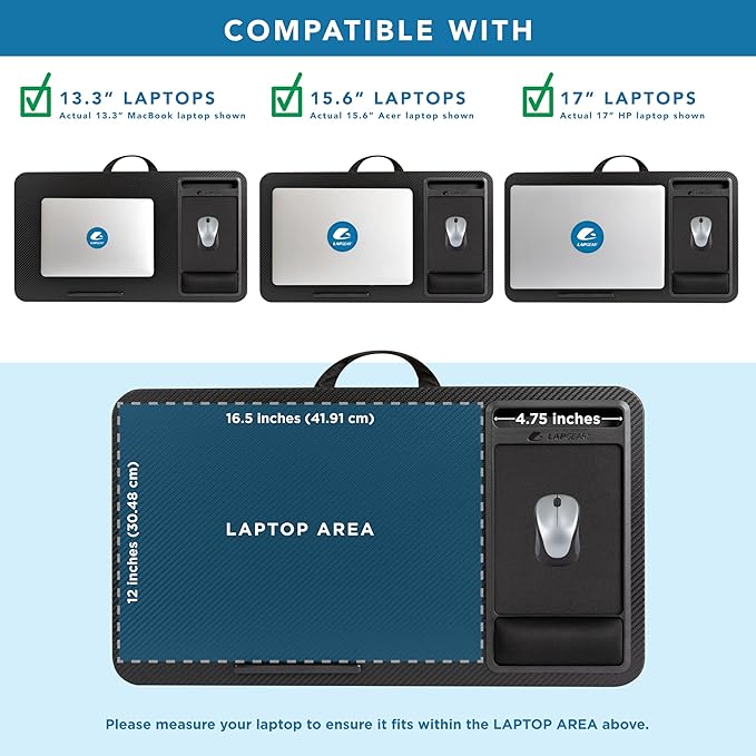 LAPGEAR Extra Large Adjustable Lap Desk – Fits Laptops up to 17.3”, Adjustable Cushion, Memory Foam Wrist Rest, Mouse Pad, Device Ledge, & Phone Slot – Black Carbon - Style No. 88108