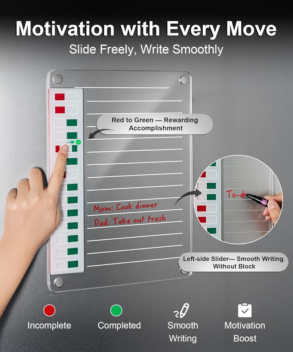 Skiennix Magnetic Acrylic Dry Erase Board - Reusable Fridge To-Do List | 12" x 10" Clear Chore Chart with 5 Markers
