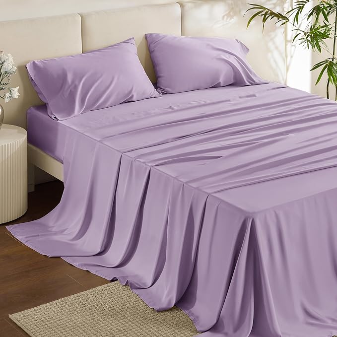 Bedsure Full Size Bed Sheets, Cooling Sheets, Rayon Derived from Bamboo, Breathable & Soft, Deep Pocket Up to 16 Inches, Hotel Luxury Silky Bedding for Hot Sleepers, Lilac
