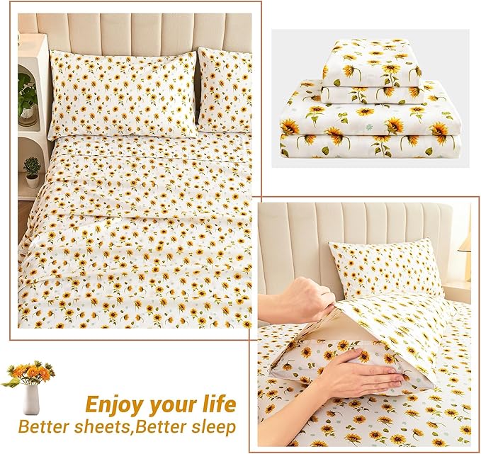 Softan Floral Sheet Set Queen, Sunflower Printed Bed Sheets Queen, Cozy Double Brushed Microfiber Fitted Sheet with 15" Deep Pocket and Corner Straps, Cute Yellow Flower Sheet & Pillowcase Sets