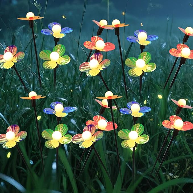 Solar Flower Lights Outdoor Waterproof 4 Pack of 32 LEDs Garden Solar Firefly Lights Decorative for Garden, Yard, Backyard