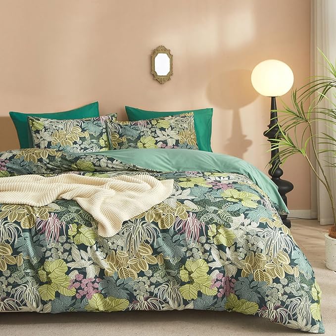 mixinni Tropical Multicolored Leaves Print Duvet Cover 2 Pillowcases Botanical King Size Floral Duvet Cover Set Soft Cotton Bedding Set for Her and Him-Easy Care, Soft and Durable-King Size