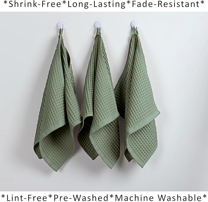 PÜSKÜL Natural 100% Turkish Cotton Waffle Kitchen Towels Set of 3 | Oeko-Tex, Premium Waffle Hand Towels for Bathroom | Soft Absorbent Quick-Dry Lint-Free Dish Towel Large 32x16 inch (3, Sage Green)