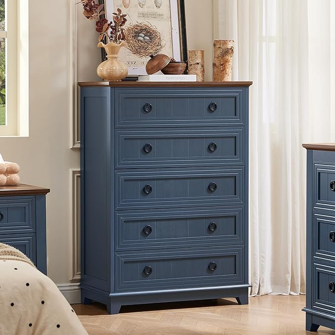 Farmhouse 5 Drawer Dresser for Bedroom Set of 2, 42" Tall Small Dressers & Chest of Drawers, Rustic Wood Dresser with Metal Handle, Storage Organizer Closet for Living Room, Hallway,Entryway