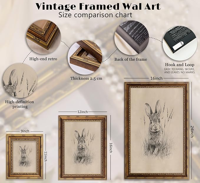 Vintage Gold Framed Easter Bunny Canvas Wall Art Vintage Rabbit Wall Decor Spring Farmhouse Animal Sketch Print Artwork Sketch Rabbit painting Picture for Farmhouse Bedroom Living Room 16X24in