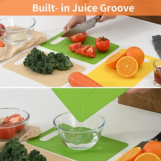 Plastic Cutting Board Set, 3 Pack Small Chopping Boards for Kitchen, BPA-Free, Dishwasher Safe, Color Coded Boards Pads for Meat Vegetable Fruit, Easy Grip Handle, Non-Slip, Space Saving