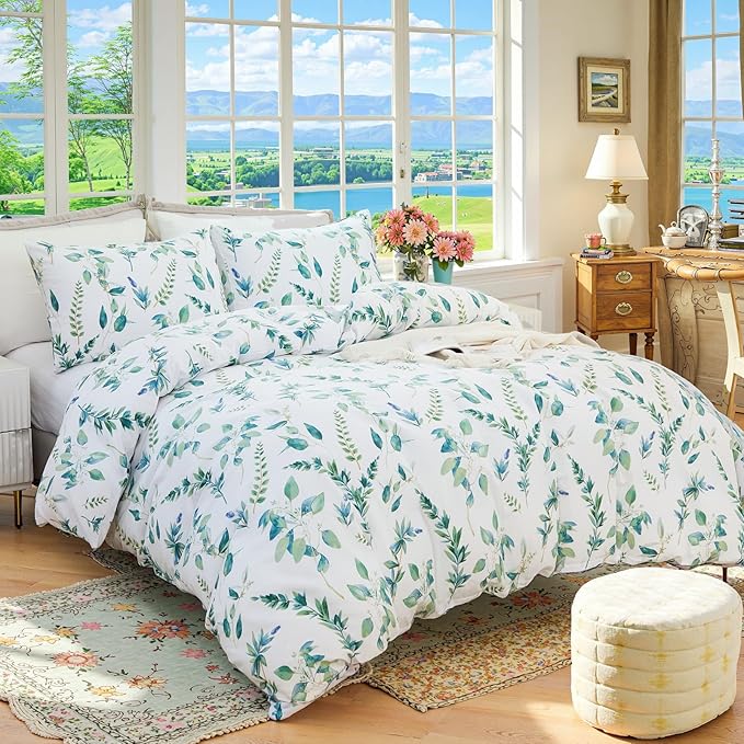 Botanical 100% Cotton Duvet Cover Queen Size - 3Pcs Mint Green Printed with Sage & Emerald Leaves on White,Reversible Lightweight and Soft Bedding Sets