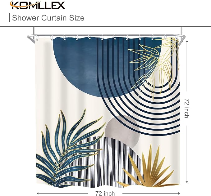 KOMLLEX Mid Century Boho Shower Curtain for Bathroom Decor Abstract Modern Sun Minimalist Aesthetic Arch Curve Leaves Geometric Navy Blue Gray Neutral Fabric Waterproof Polyester 12 Hook 72Wx72L