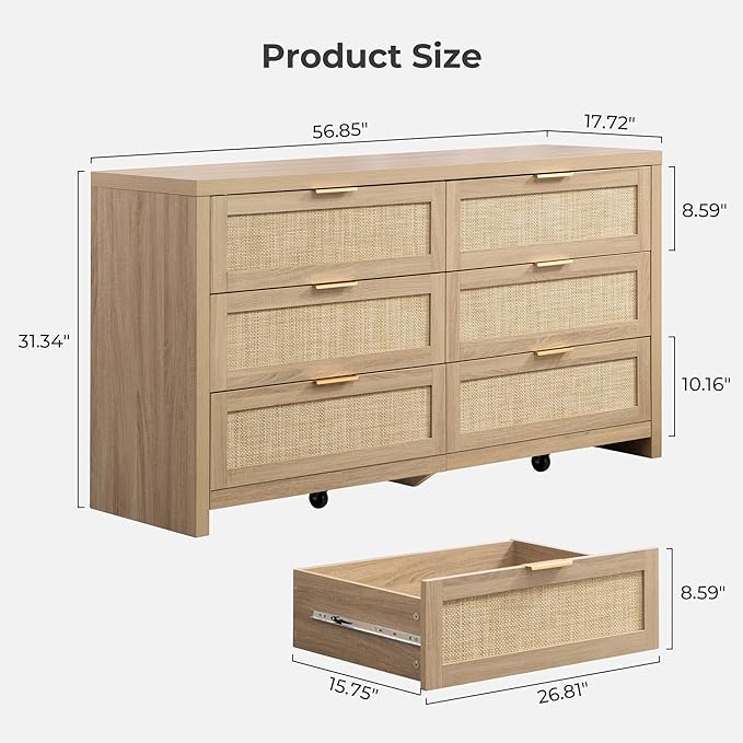 SICOTAS Rattan Dressers for Bedroom Set 2, Large 6 Drawer Dresser Long Chest of Drawers, Dresser Farmhouse TV Stand for Bedroom, Living Room, Closet (Reclaimed Light Oak, 2 Pieces)