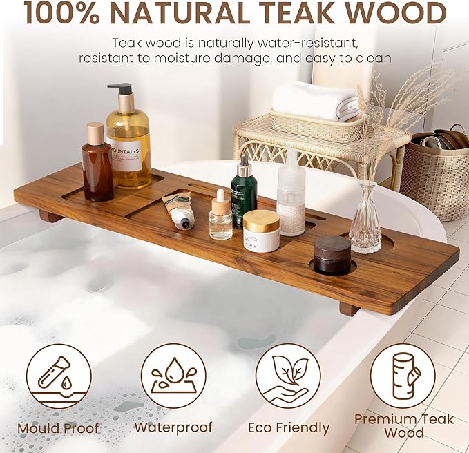 Teak Bathtub Tray - Wood Bath Caddy Tray 29" for Small Tubs - Adjustable Bathtub Table Trays - Luxury Shower Organizer for Home Spa Relaxation and Reading - Light Walnut Color