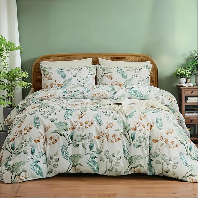 100% Cotton Duvet Cover King Size – Eucalyptus Botanical Print Green Floral Duvet Cover Set, 3-Piece Soft Breathable Natural Premium Cotton Bedding Set for All Seasons