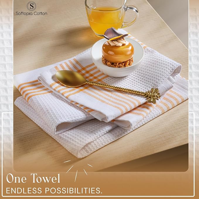 Waffle White & Mustard Yellow Set of 4 Kitchen Towels, 100% Cotton, 16x26 inches, Soft and Durable Dish Towel, Quick Dry Dishcloths, Ideal for Drying Dishes, Cleaning, Wiping