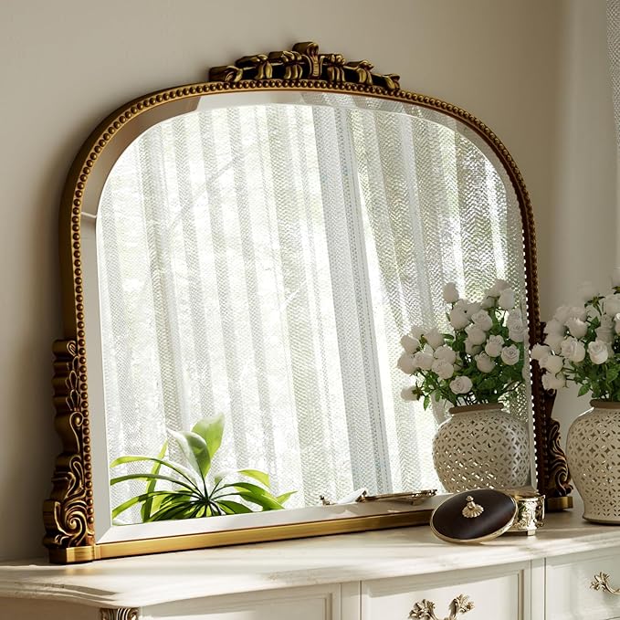 Wall Beaded Mirror, 44 x 32 Inch Round Top Right Angle Wall Mirror, Tempered Glass, Rust Resistant, Horizontally or Vertically Hanging, Gold