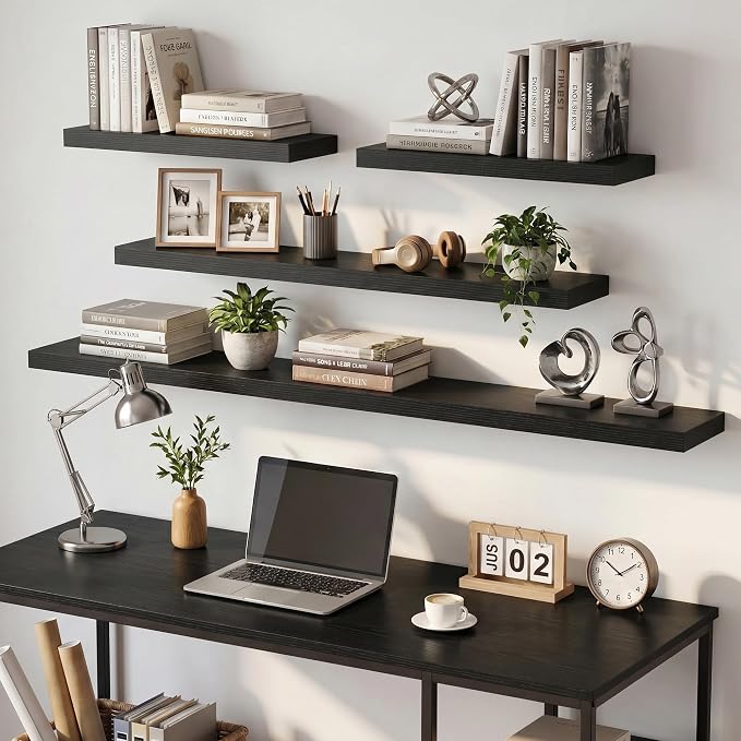 Dreamland 32inch Floating Shelves for Wall, Rustic Black Floating Shelves for Bathroom|Bedroom|Kitchen, Deep Wall Mounted Book Shelf, Wood Storage Display Shelf for Home Decor, Set of 2