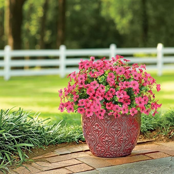 Artificial Flowers Outdoor Faux Plants UV Resistant Fake Patio Flowers Plastic Greenery Plnats Outside Bulk for Spring Garden Hanging Planter Home Vase Decor, 12 Bundles (Rose Red)