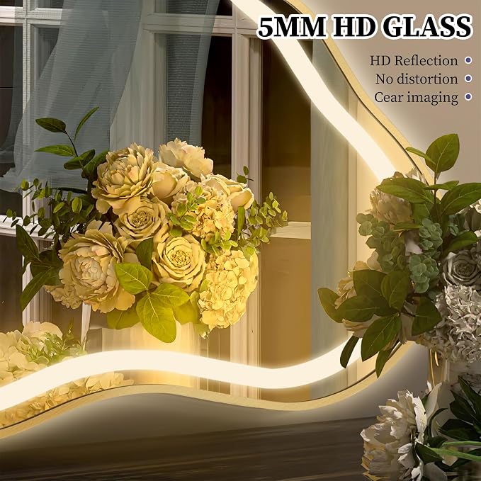 Irregular LED Bathroom Mirror with Lights, Cloud Smart Backlit Mirror, Dimmable Lighted Bathroom Gold Mirror with Anti-Fog, Asymmetrical Vanity Mirror Hangable 2 Ways (Gold, 26 x 46, 2 Pack)