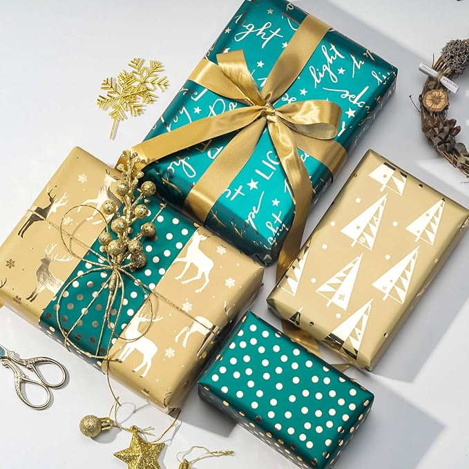 WRAPAHOLIC 30 Inch Green Christmas Wrapping Paper Roll - Jumbo Roll Green and Gold Holiday Design with Metallic Foil Shine - 4 Rolls - 30 Inch x 120 Inch Per Roll