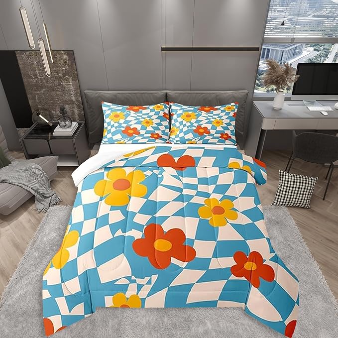Castle Fairy Kids Vintage Groovy Daisy Flowers Bedding Set for Boys Girls,Abstract Blue Plaid All Season Cozy Comforter Set Home Decor,70s Hippie Floral Duvet Set for Chic Birthday Gift, Full Size