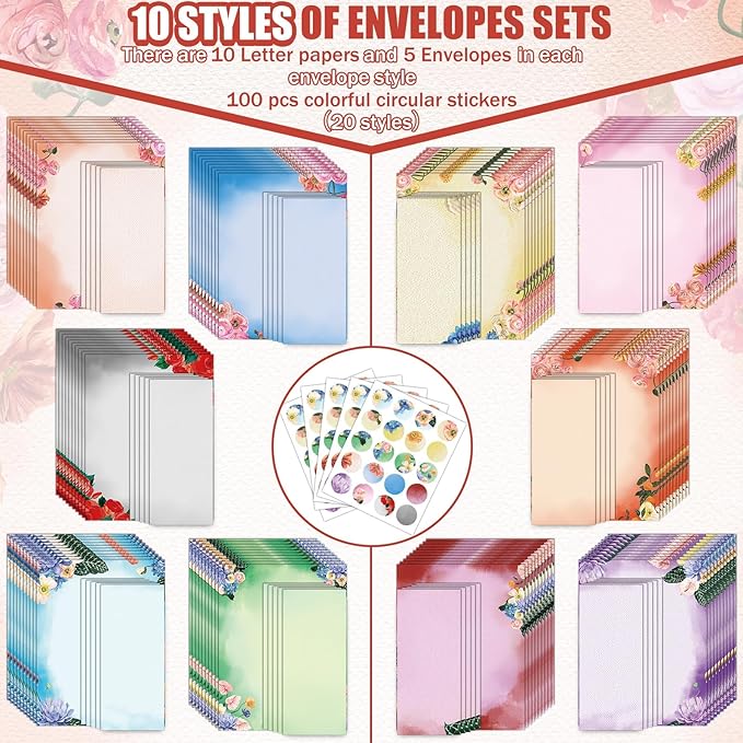 EggSun 250Pcs Watercolor Stationery Paper and Envelope Set with 100 Letterhead Papers and 50 Envelopes, 10 Design for Letter Writing,Invitations Computer Holidays Party Notes, 8.5x11 Inch-Floral