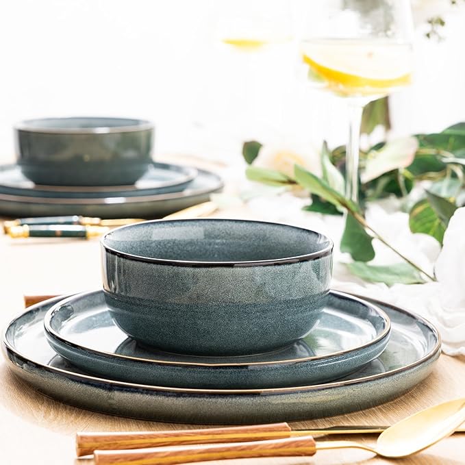 GBHOME Ceramic Dinnerware Sets for 8, 24 Pieces Stoneware Plates and Bowls Sets, Scratch Resistant Dishes, Dishwasher & Microwave Safe, Reactive Glaze-Space Blue