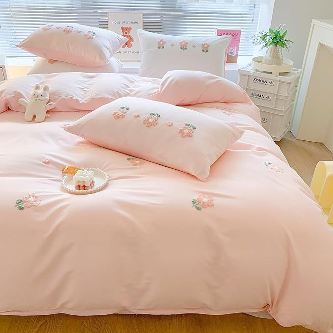 MorroMorn Cotton Duvet Cover Queen Size, 3D Embroidery Queen Bedding Sets Pink Bed Set, Cute Chenille Embroidered Comforter Covers Soft Breathable for Girls Boys Kids Teen (Flowers Pink, Full/Queen)