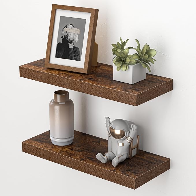 Heimlove Floating Shelves for Wall,16 inchs Shelf for Small Bathroom,Mounted Storage & Display Wood Shelves for Bedroom,Living Room,Kitchen,Office,Set of 2,Rustic Brown