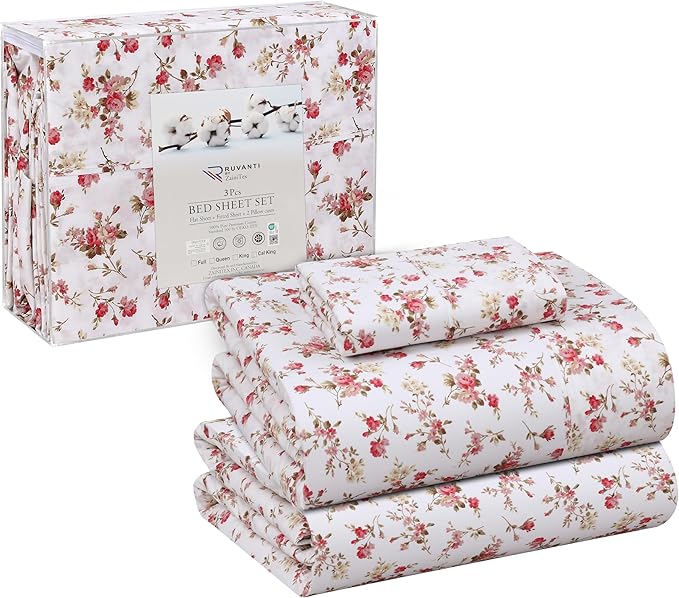RUVANTI 100% Cotton Twin XL Sheet Sets, 3 Pieces, Soft & Breathable Percale Weave Bedding, Deep Pocket 16", Hotel Standard, Crisp Cool Feel, Durable, Perfect Size Floral Sheets, Bouquet