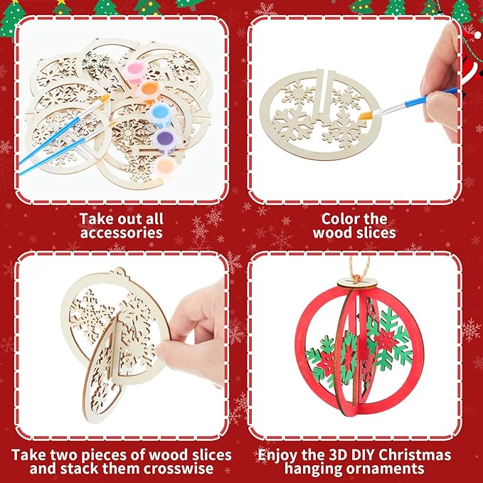 Chunful 24 Pcs DIY Christmas Wooden Ornaments 3D Unfinished Wood Crafts to Paint Christmas Hanging Cutouts Blank Hollow Wood Santa Reindeer Snowman Slice for Xmas Tree Decorations(Snowflake)