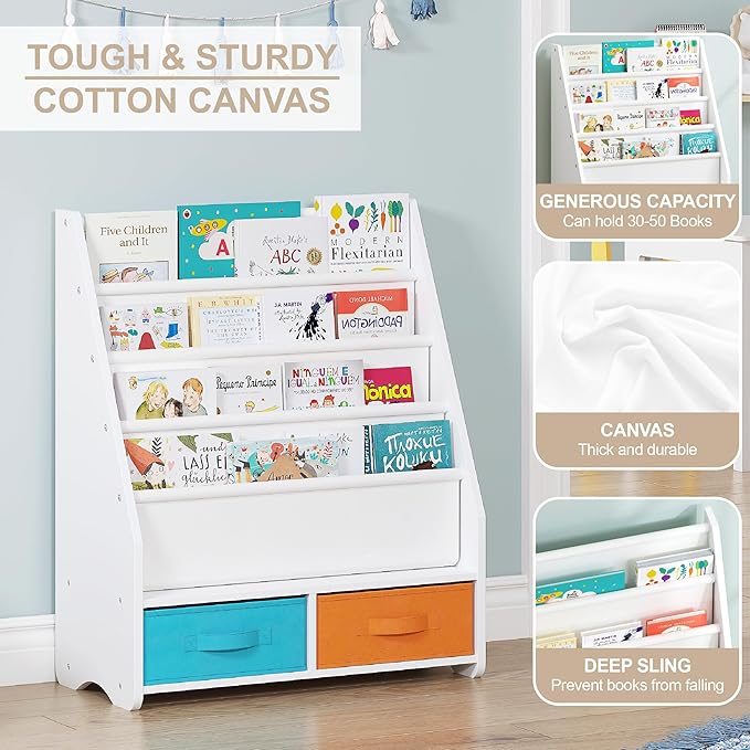 UTEX Kids Bookshelf with Storage Bins, Book Shelf for Kids Rooms, 4-Tier Toddler Sling Bookshelf for Nursery, Living Room, Bedroom, White