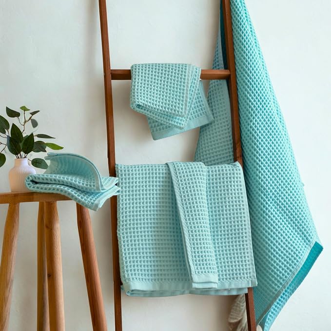 PÜSKÜL 4-Piece Natural 100% Turkish Cotton Luxury Waffle Towels for Bathroom | Premium Honeycomb Weave 2 Hand Towel & 2 Bath Towel Set | Soft Absorbent Quick-Dry Lightweight Towels (Turquoise)