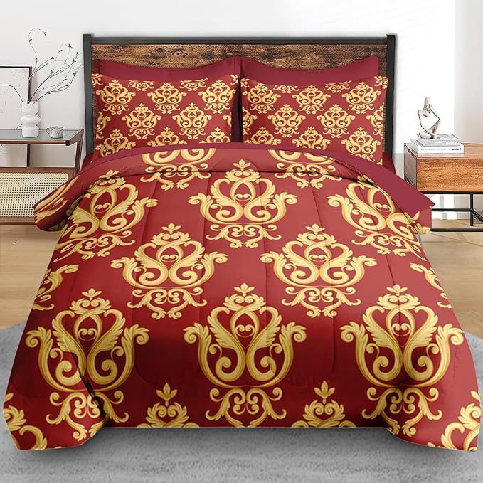 Comforter Set King Size, Vintage Floral Gold 7 Pcs Bedding for Kids and Adults, Medieval Burgundy Red Bed Sheet Sets with Fitted Sheet 2 Pillowcase & 2 Sham for Bedroom Bed Decor