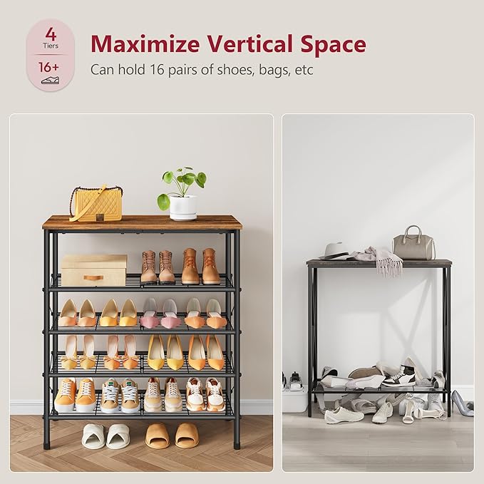 Tajsoon 5 Tier Shoe Rack Organizer for 16-20 Pairs of Shoes, Metal Mesh Shoe Shelf for Closet, Industrial Shoe Rack for Entryway Shoe Storage with X Shape Fixed Frame, Rustic Brown & Black