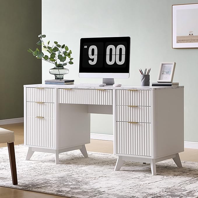 T4TREAM Fluted Executive Desk with Drawers, 60" Modern Home Office Computer Desk with Charging Station, File Cabinet, Keyboard Tray and Storage Cabinet for Study, Living Room, Bedroom, Solid White