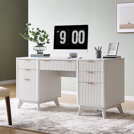 T4TREAM Fluted Executive Desk with Drawers, 60" Modern Home Office Computer Desk with Charging Station, File Cabinet, Keyboard Tray and Storage Cabinet for Study, Living Room, Bedroom, Solid White