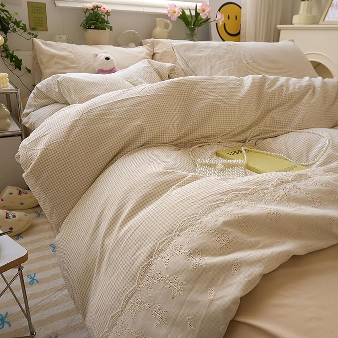 LifeTB Tan Gingham Duvet Cover King 3 Pieces Romantic Lace Duvet Cover Vintage Plaid Checkered Comforter Cover with 2 Pillowcases Soft Microfiber Beige Tan Grid Farmhouse Gingham Bedding Set