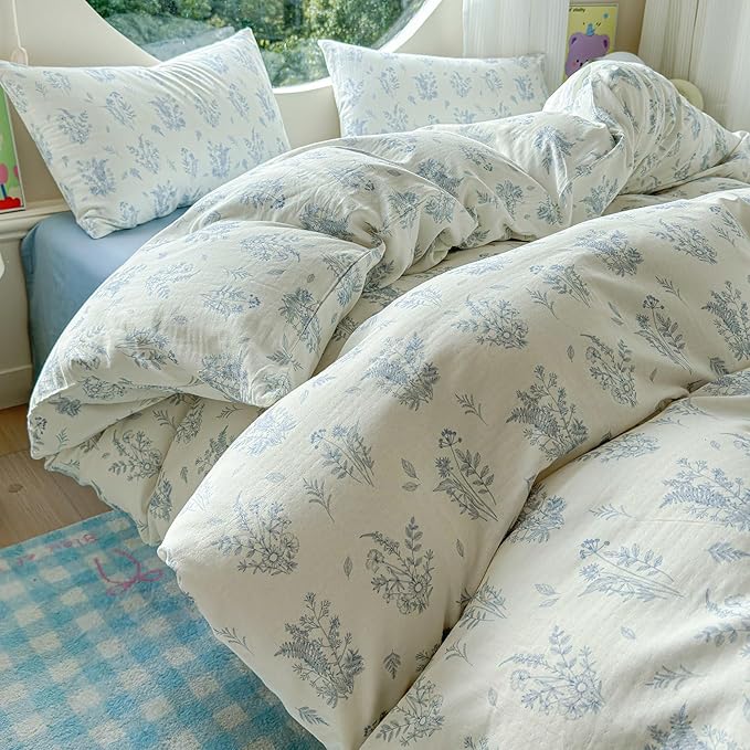 LifeTB Muslin Duvet Cover Set Queen Vintage Botanical Floral Duvet Cover 100% Cotton Linen Feel Flower Bedding Set Super Soft Gauze Comforter Cover Breathable Lightweight Cottagecore Bedding Set