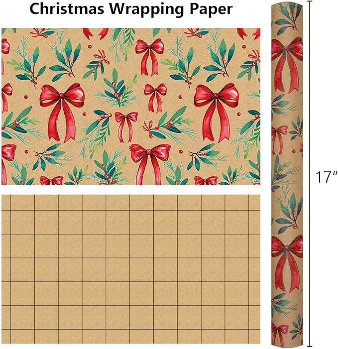 MAYPLUSS Christmas Wrapping Paper Roll - 17IN X 33FT - Kraft Gift Wrapping Paper Featuring Cute Bow Christmas Holly Reversible Cut Lines for Kids, Holiday, New Year
