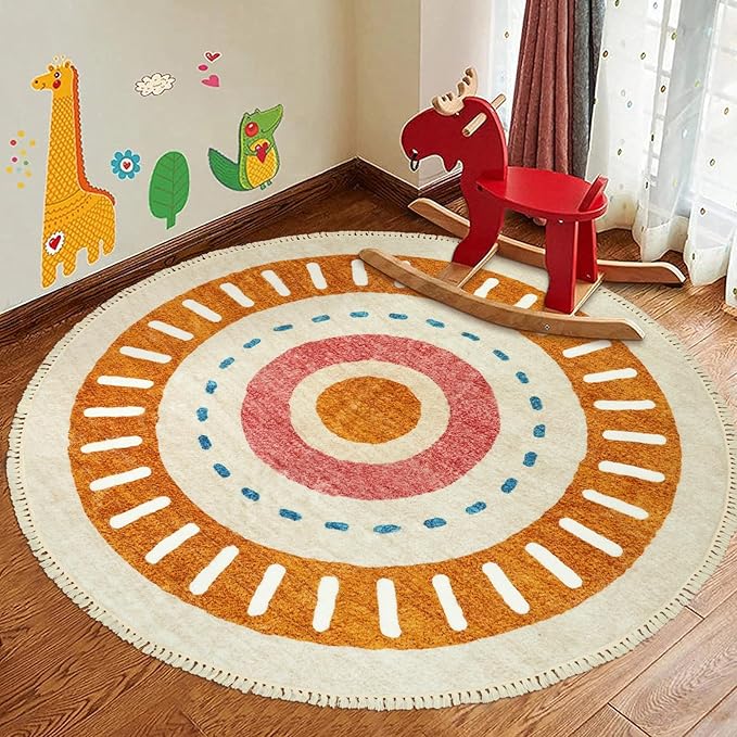 Lukinbox Boho Round Rug - 5ft Sun Washable Area Rug for Living Room, Super Soft Non-Slip Circle Bedroom Rugs, Colorful Rainbow Circular Rugs for Kids Nursery Playroom Dinning Room