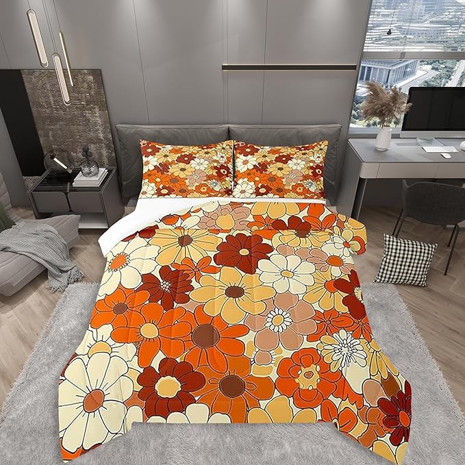Bohemian Flowers Bedding Set King Size,70s Vintage Floral Comforter Set Room Decor for Couple,Hippie Retro Groovy Botanical Microfiber Down Comforter,2 Pillowcases